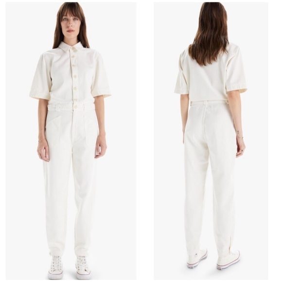 Mother The Elbow Grease Collared Jumpsuit Flood in Ivory Short Sleeve Sz S NWOT